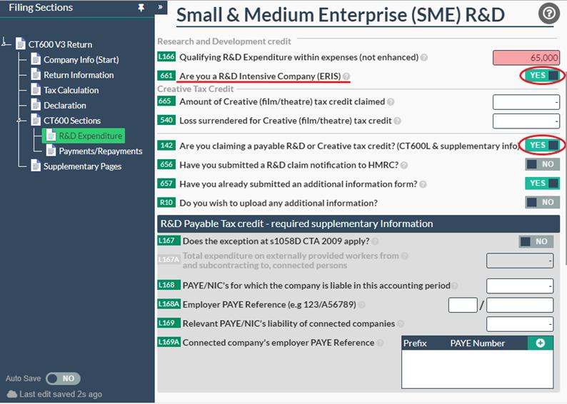 R&D Expenditure tab. £65,000 for qualified R&D expenditure, box 661 toggled to YES and box 142 toggled to YES.