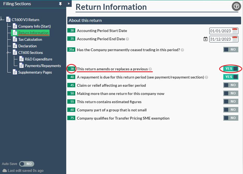 In this example, tab 38 has been toggled to YES to ensure this amended return replaces the previous